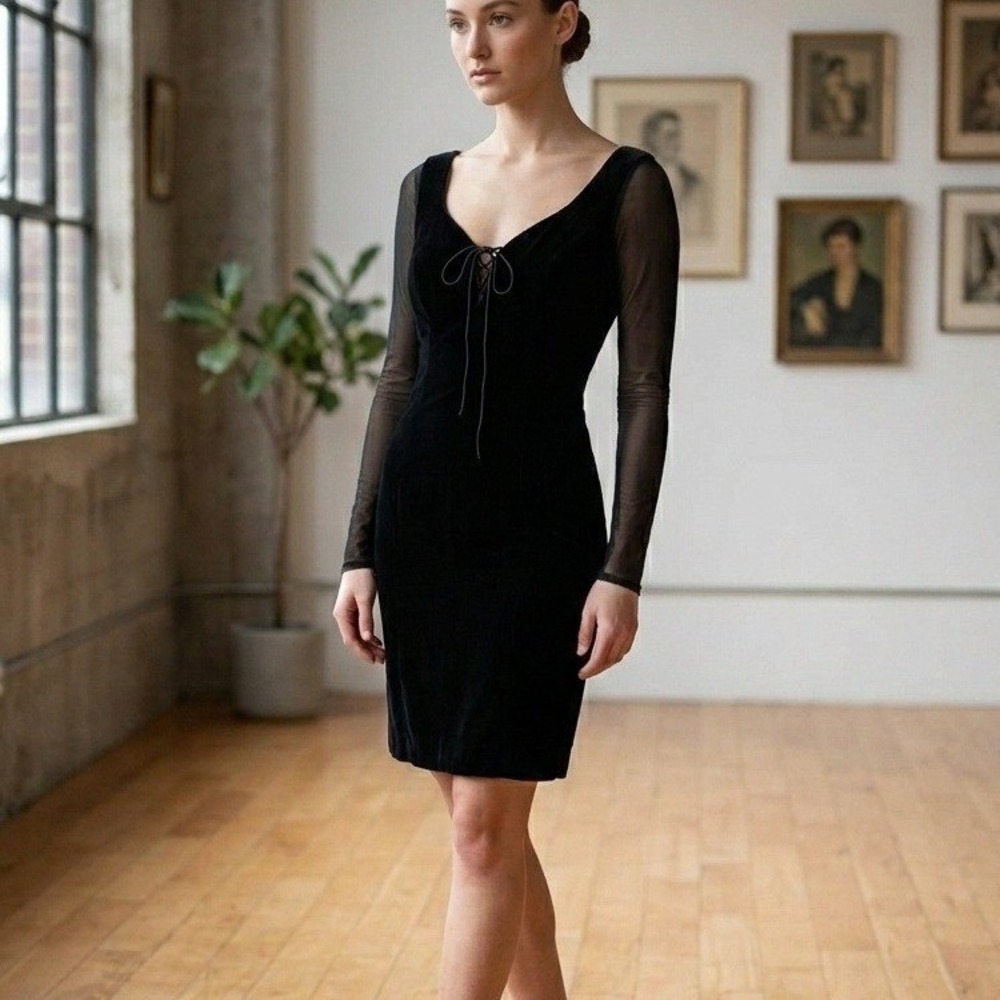 David Fielden Saks 5th Ave 90s Vintage Black Velvet Mesh Dress M Whimsigoth Goth